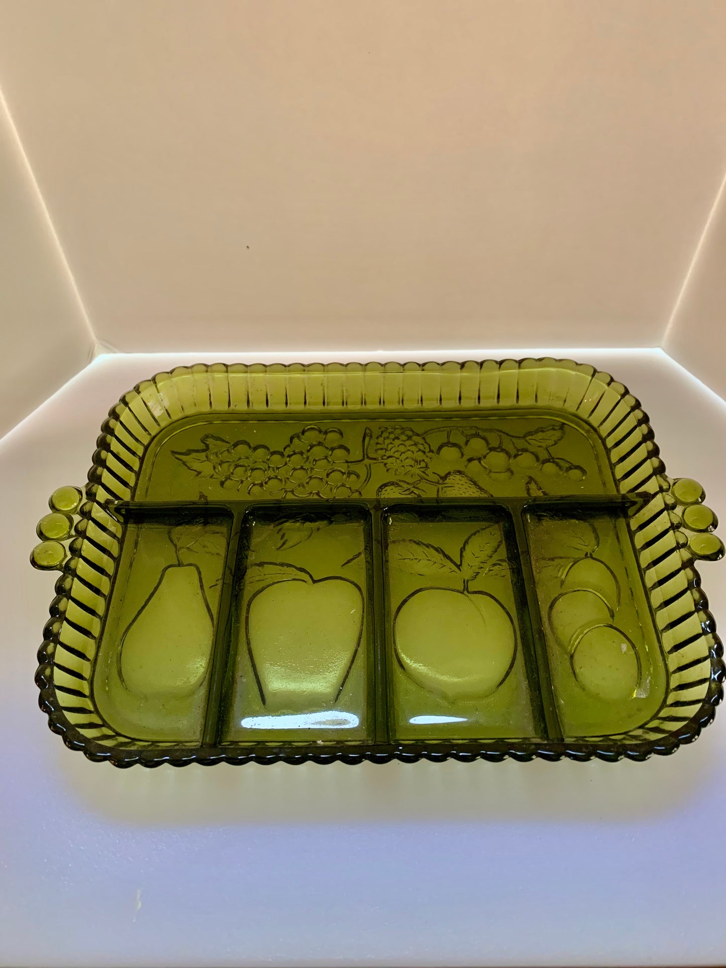 Vintage Indiana Glass Green Relish Tray with etched fruit