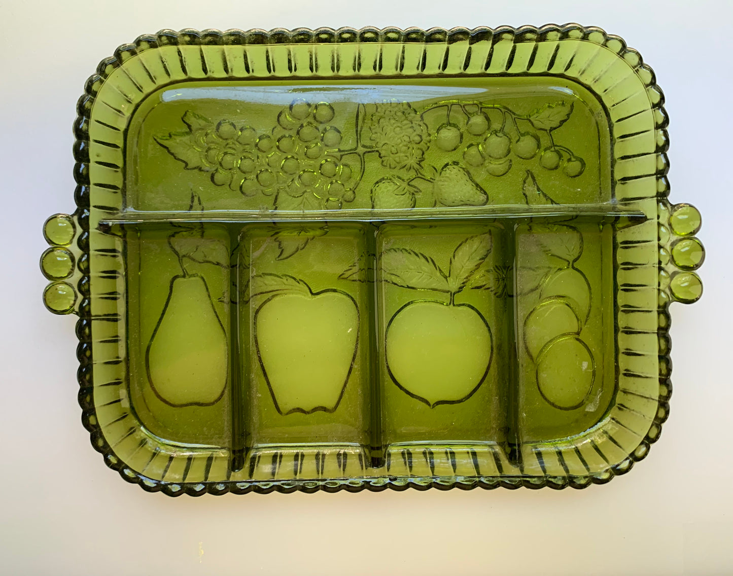 Vintage Indiana Glass Green Relish Tray with etched fruit